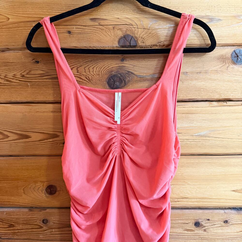 By Anthropologie Ruched V-Neck Midi Dress Coral XL - Picture 3 of 6